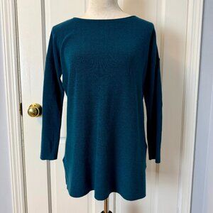Eileen Fisher Teal 100% Merino Wool Soft Round Neck Tunic Sweater, Size SP